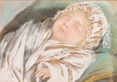 A crayon drawing of a sleeping baby.