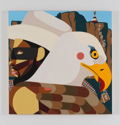 The painting depicts a black cowboy wearing a Zorro mask holding a vulture, which is holding a brown-and-white-edged Telfar x Uggs shopping bag.