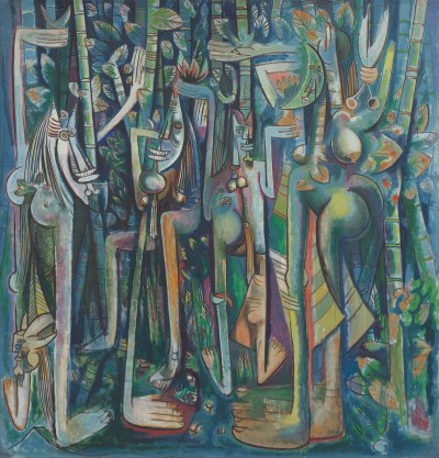 The painting depicts many figures with mask-like faces standing among the sugar canes.