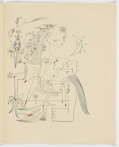 A human figure with a breast, arms, a large foot, a mane and a crescent moon.