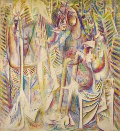 The painting depicts colorful, overlapping figures among palm fronds.