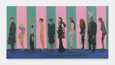 One painting shows ten people standing around, some young, some older, one of them is obviously an airline pilot, one is a naked man, and one is a punk rocker with a giant feathered ear sticking out of a hat