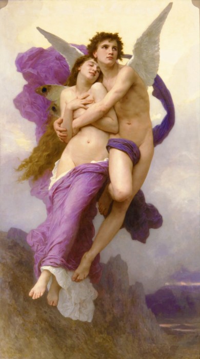One painting shows a near-nude winged angel Cupid flying into the air holding a female figure representing Psyche, their bodies partially obscured by flowing purple robes