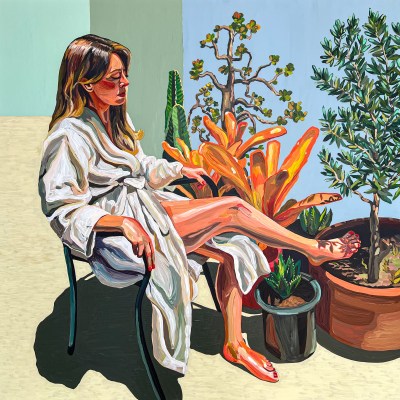 In one painting, a long-haired young woman wearing a white bathrobe sits in the sun, next to several large potted plants