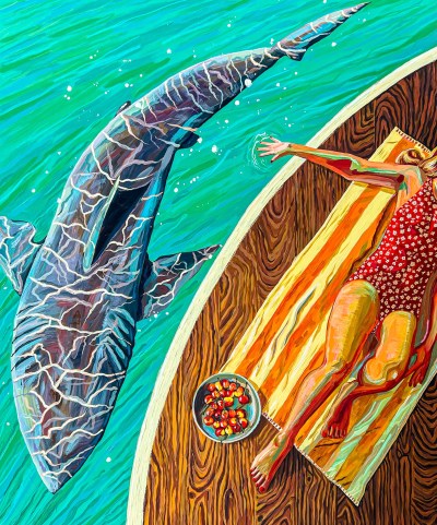 A bright, colorful painting shows a woman looking down from above, lying on a wooden deck, her hands hanging over the edge and reaching into the water where a large shark swims.