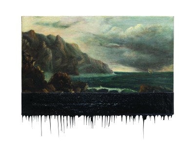 A painting of seaside cliffs beneath a stormy sky. The painting appears to drip black goo.
