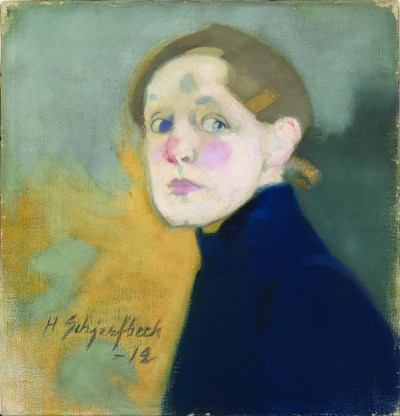 A painting of a woman turning her face to meet her viewer. She appears amid a grey blob tinged with yellow.