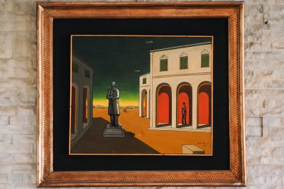 A painting of a sculpture in an empty city square.