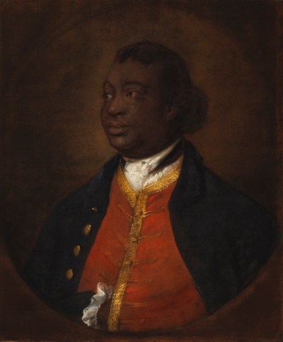 A painting of a Black man in a red shirt.