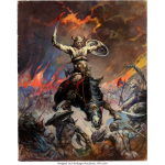 A man sits on a horse, brandishing a sword and shield.