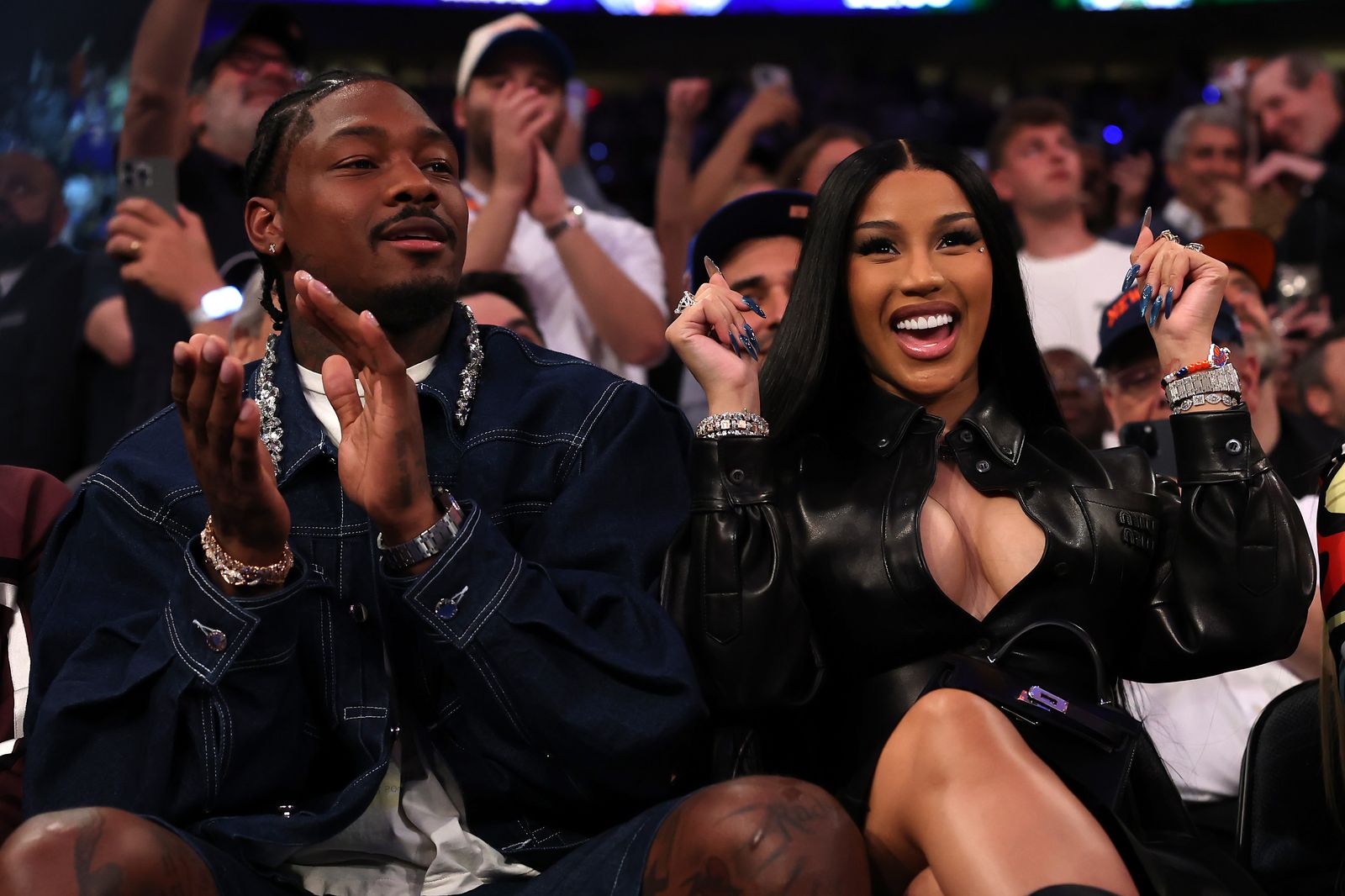 NFL player Stefon Diggs and rapper Cardi B sat courtside during the first quarter of Game 4 of the Eastern Conference…