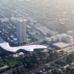 Aerial view of several museum buildings in Los Angeles.
