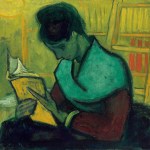 Green and yellow portrait of a young woman reading a book.