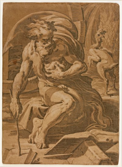 A woodcut showing the Greek philosopher Diogenes holding a conch shell in one hand and a stick in the other. He reads from an open book.