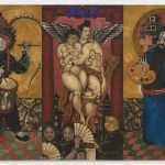 The three paintings on the left show a Chinese woman in traditional clothing and an elaborate headdress. The central panel shows a nude couple, he with wings and she with glasses, rising into the air in front of a Chinatown landscape. The image on the right depicts a fat Chinese man dressed in Peking Opera costume, with elaborate makeup on his face, holding a painter's palette and brushes.