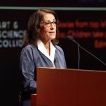 Joan Weinstein spoke at the PST ART opening press conference: "The collision of art and science" 2024, Getty Center, Los Angeles, California.