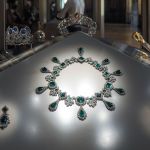 The emerald necklace and earrings of Empress Marie-Louise, second wife of Napoleon I, are on display at the Apollo Gallery of the Louvre Museum in Paris, France on May 20, 2021.