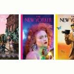 Three magazine covers, from left to right: a group of people posing in a fountain; a close-up of a red-haired woman wearing red lipstick; a man in a brown suit and hat holding a film camera