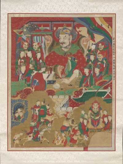 A painting of a man wearing a crown, surrounded by various attendants.