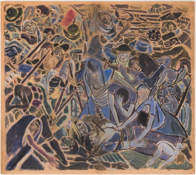 A painting of many figures crowded together. Some carried bayonets, while weeping women leaned against the corpses. A naked baby falls near them.