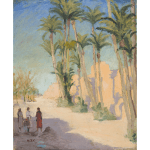 A very nice painting of a desert and some trees.