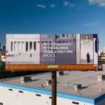 Kelly Mae Weems billboard "Democracy hangs in the balance" Installed in downtown Chicago during the Democratic National Convention in August 2024.