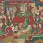 A painting of a man wearing a crown, surrounded by various attendants.