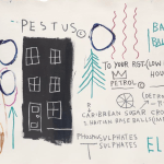 A work on paper showing a black building and some curves.