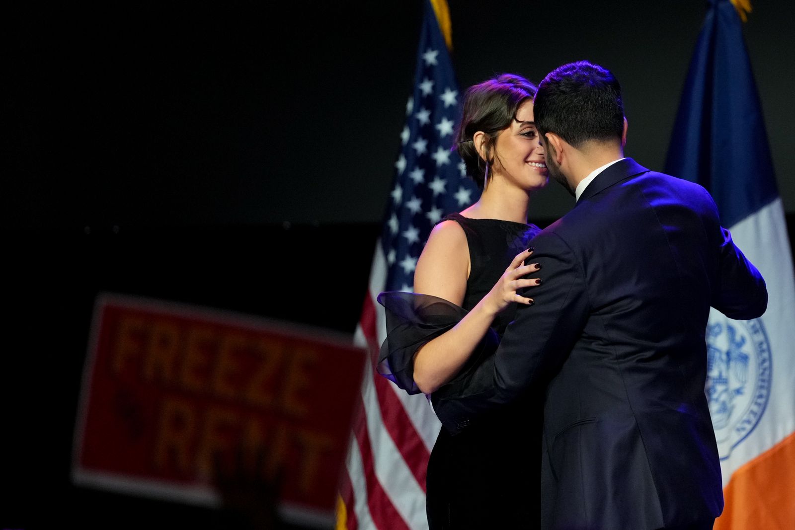 Zohran Mamdani and Rama Duwaji at an election night event at Brooklyn's Paramount Theater on Tuesday.