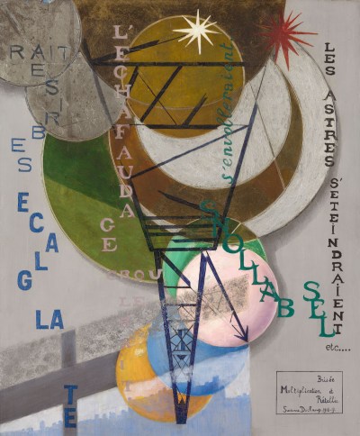 A painting composed of intersecting circles of different colors and text.