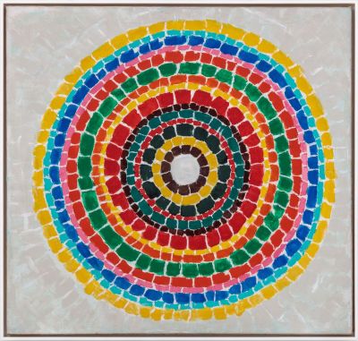 A painting of concentric circles composed of strokes of different colors.