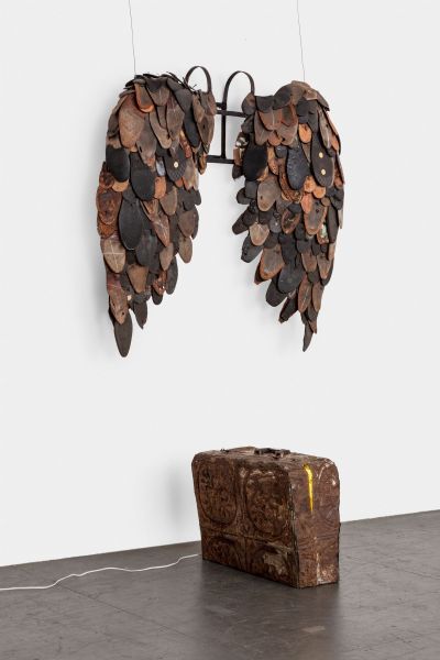 It's a contraption consisting of a pair of wings suspended above a suitcase.