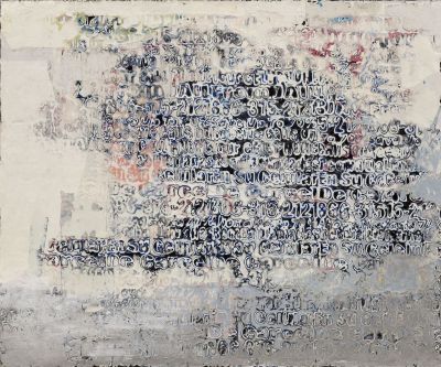 An abstract painting with many visible figures on a white background.