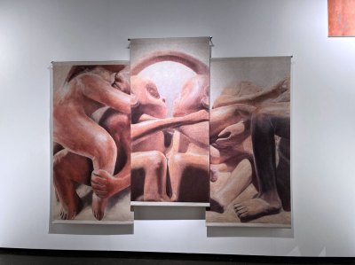 A trio of paintings depicting details of pre-Columbian ceramics.