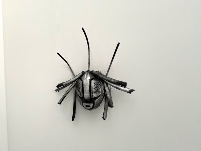 Futuristic mask made from scrap metal.