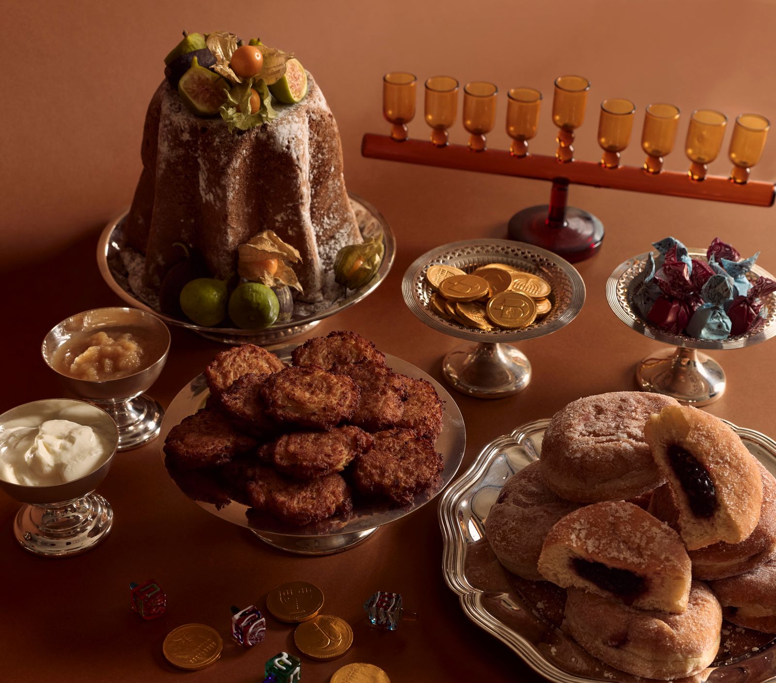Image may contain food food display brunch bread festival Hanukkah menorah plate and churros