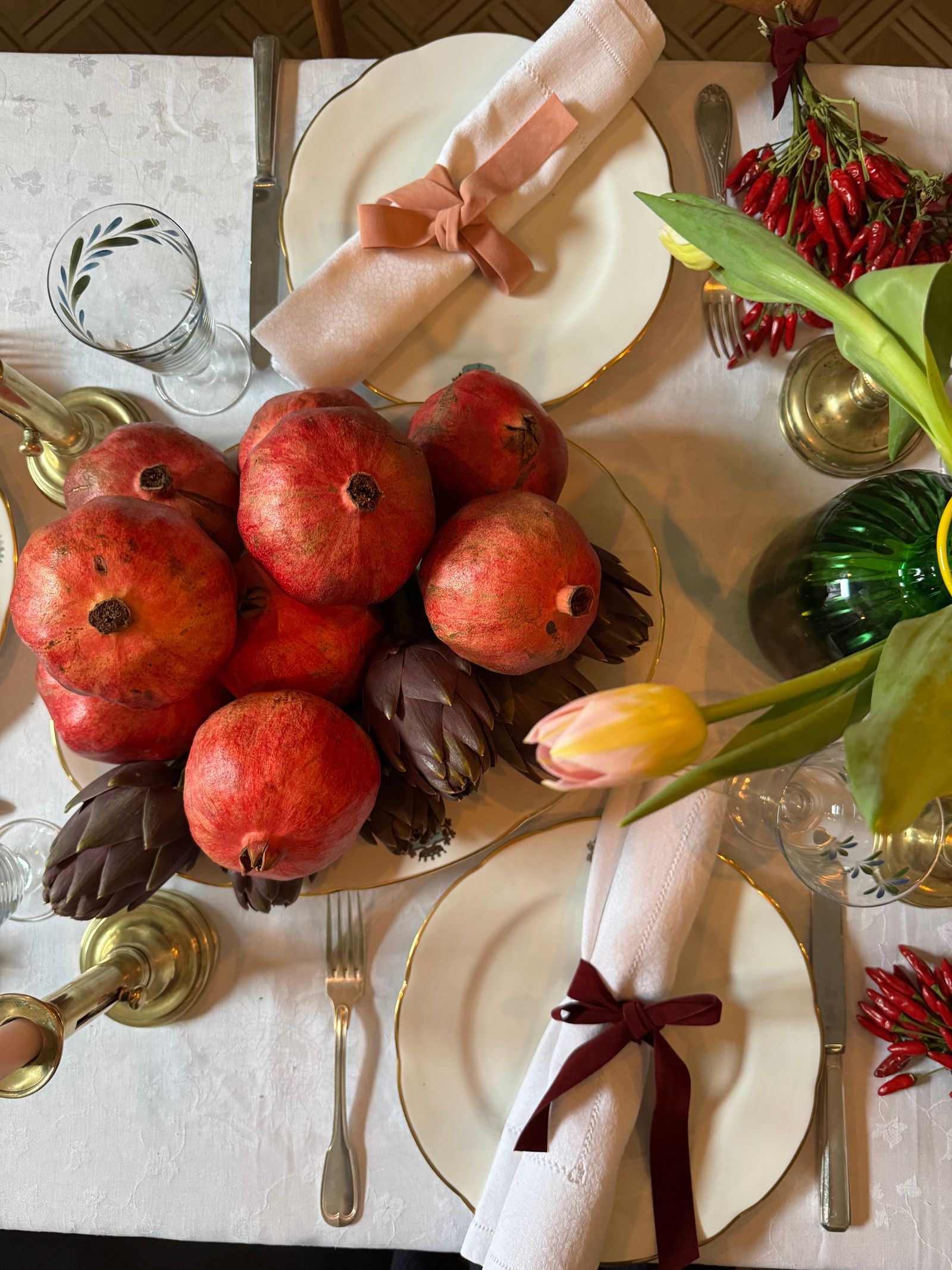Image may contain cutlery, forks, food, fruit, plants, produce, food display plates, pomegranates and pears