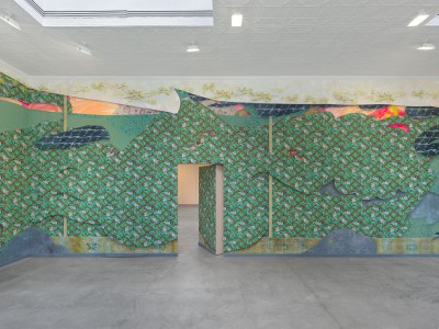 A room with gallery walls covered in painted wallpaper and other surfaces with a hidden door swung open in the middle.
