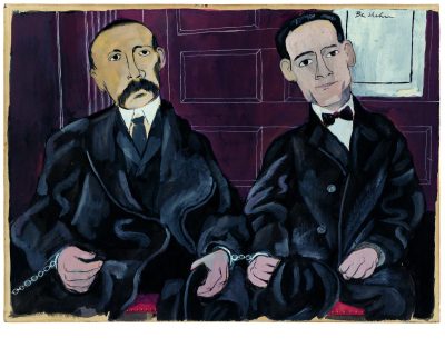 A painting of two men handcuffed to each other.