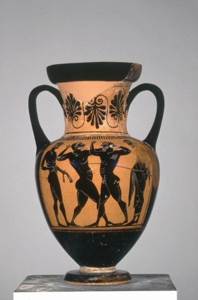 A large black and red Greek porcelain vessel is decorated with paintings of athletes