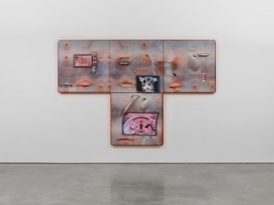 A quadruple painting with a distorted grid, what appears to be an X-ray scan and a hole in the flesh.