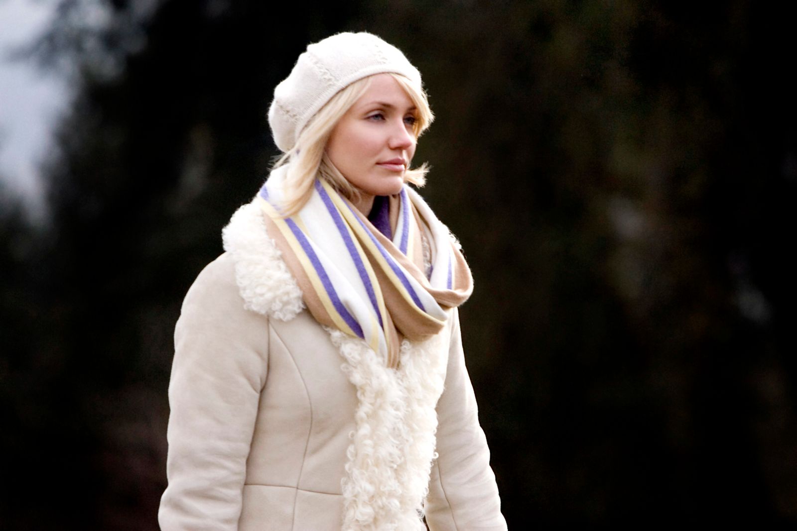 Image may contain Cameron Diaz costume hat Adult Cap Scarf blond face and head