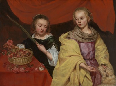 A painting of two girls, one gazing at the other. They were all dressed in flowing robes and sat at a table covered with red cloth and on which was a basket of fruit.