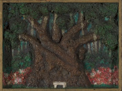 There is a large oak tree in the painting with crisscrossed branches and a small stool under the tree.