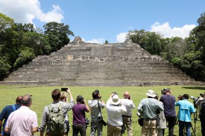 CHIQUIBUL, BELIZE - MARCH 21: A general view of the media as Prince William, Duke of Cambridge and Catherine, Duchess of Cambridge visit Caracol Mayan archaeological site in the Chiquibul Forest on the third day of a Platinum Jubilee Royal Tour to the Caribbean on March 21, 2022 in Chiquibul, Belize. The Royal couple are on the first leg of a Caribbean Tour that takes in Belize, Jamaica and The Bahamas. (Photo by Chris Jackson/Getty Images)
