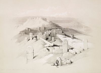 Ruins of the ancient Egyptian temple of Serabit el-Khadim, Gebel Garabe, Sinai, Egypt, engraving from The Holy Land, Syria, Idumea, Arabia, Egypt and Nubia, Volume III, lithographs by Louis Haghe from drawings by David Roberts, London, 1849. (Photo by Icas94 / De Agostini via Getty Images)