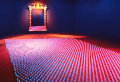 Crossings, 1997 Antique gilded frame, ceramic egg, filtered ambient light Berkeley Arts Center, Berkeley, CA