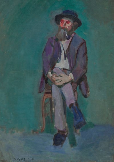 A painting of a man sitting in a brown chair with a dark green background and a faded floor. His eyes were full of concentration.