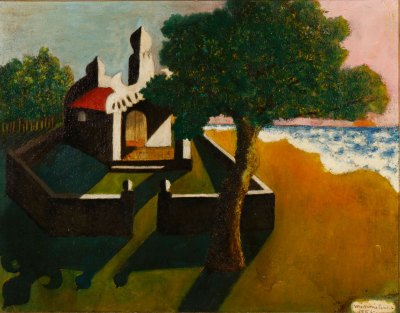 The painting depicts a temple near tea, shaded by a large tree in the foreground.