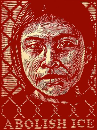 A red linocut of a woman's face against a chainlink face with the words 'ABOLISH ICE' below.